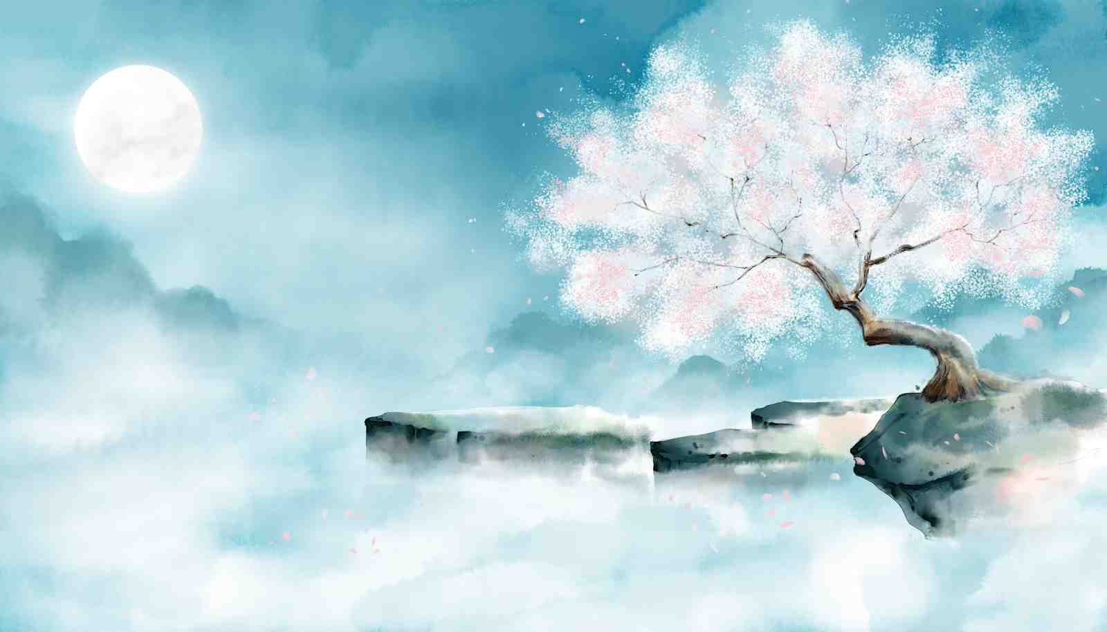 Serene Cherry Blossom Moonlit Landscape Wall Art