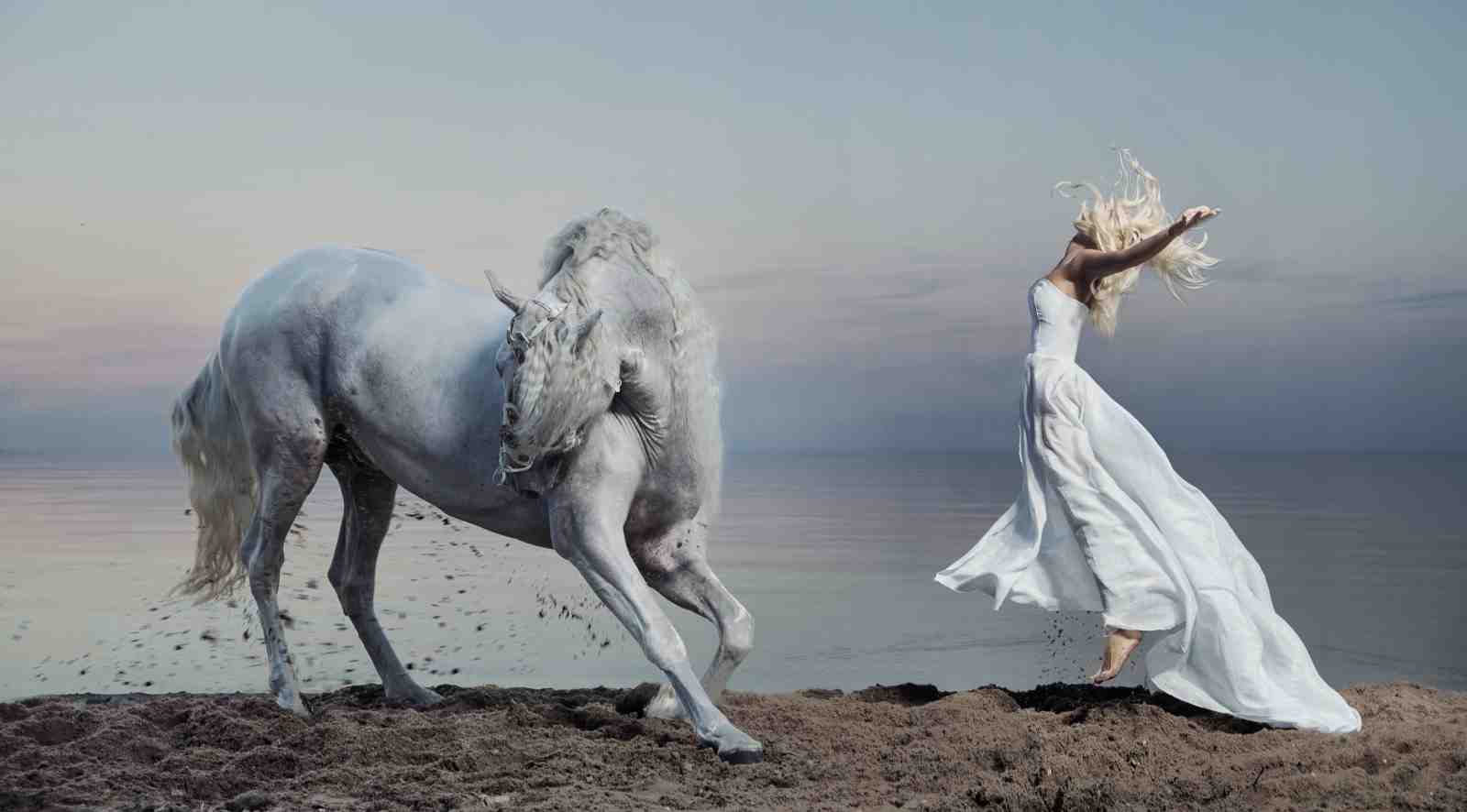 Majestic White Horse & Woman Beach Wall Art