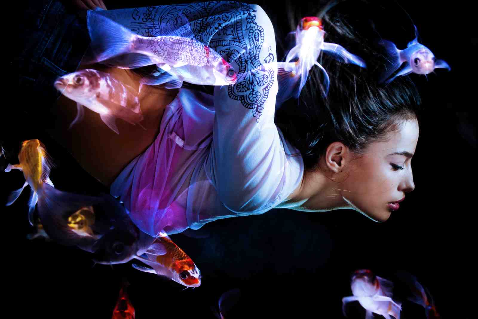 Serene Koi & Woman Underwater Wall Art