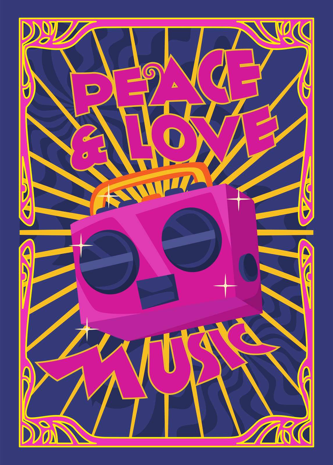 Retro Peace Love Music Boombox Wall Art