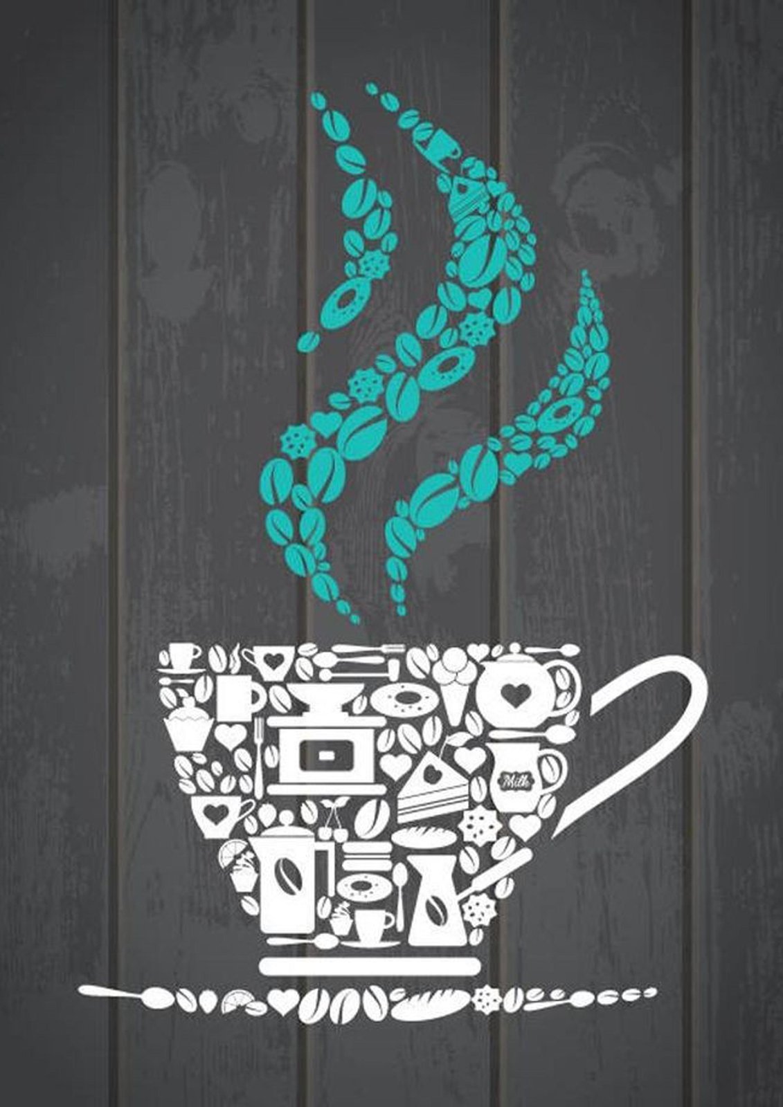 Teal Coffee Icons Cup Collage Wall Art