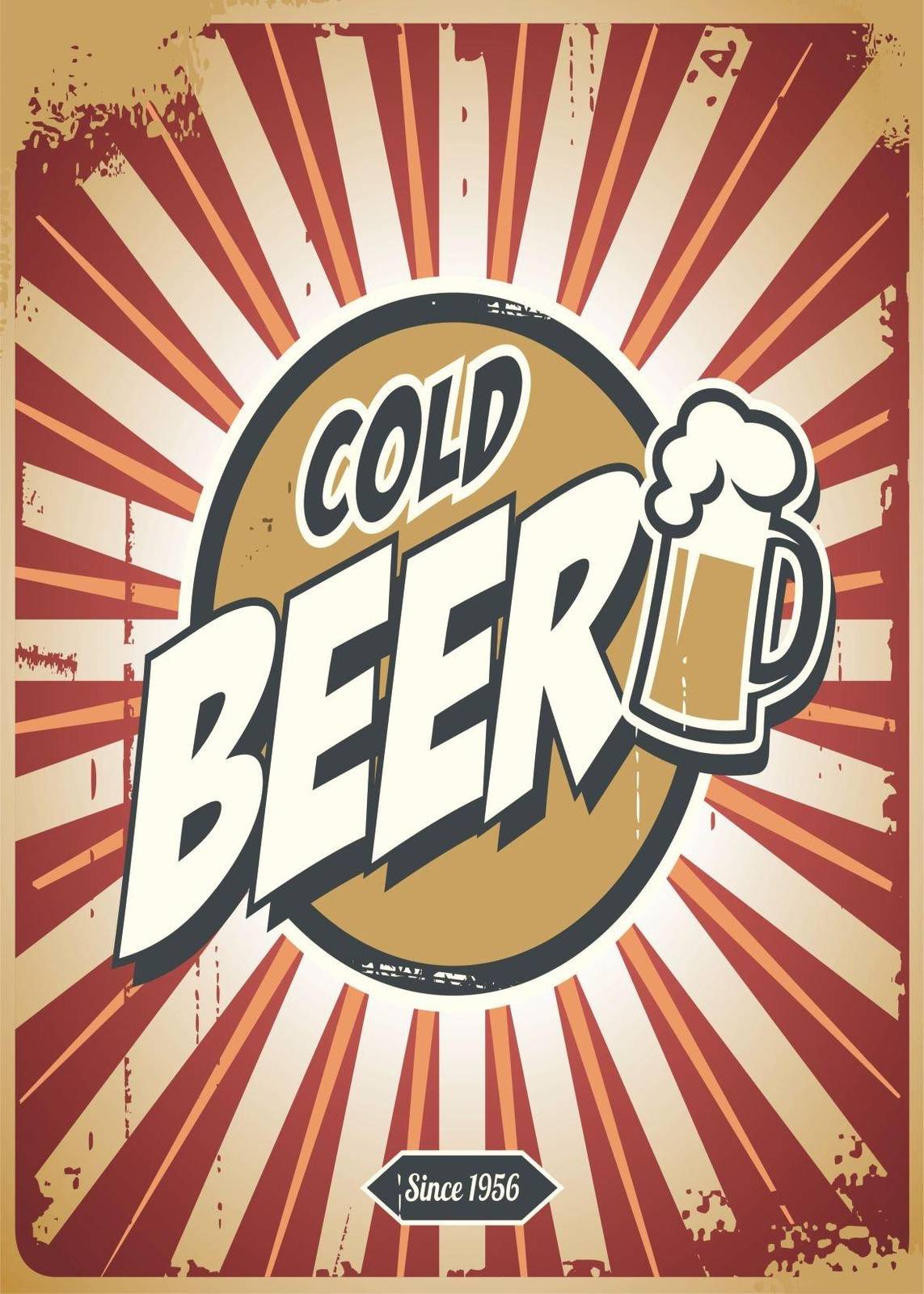 Vintage Cold Beer Retro Sunburst Wall Art