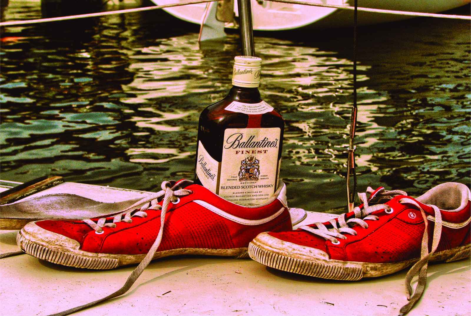 Vibrant Red Sneakers & Whisky Bottle Wall Art