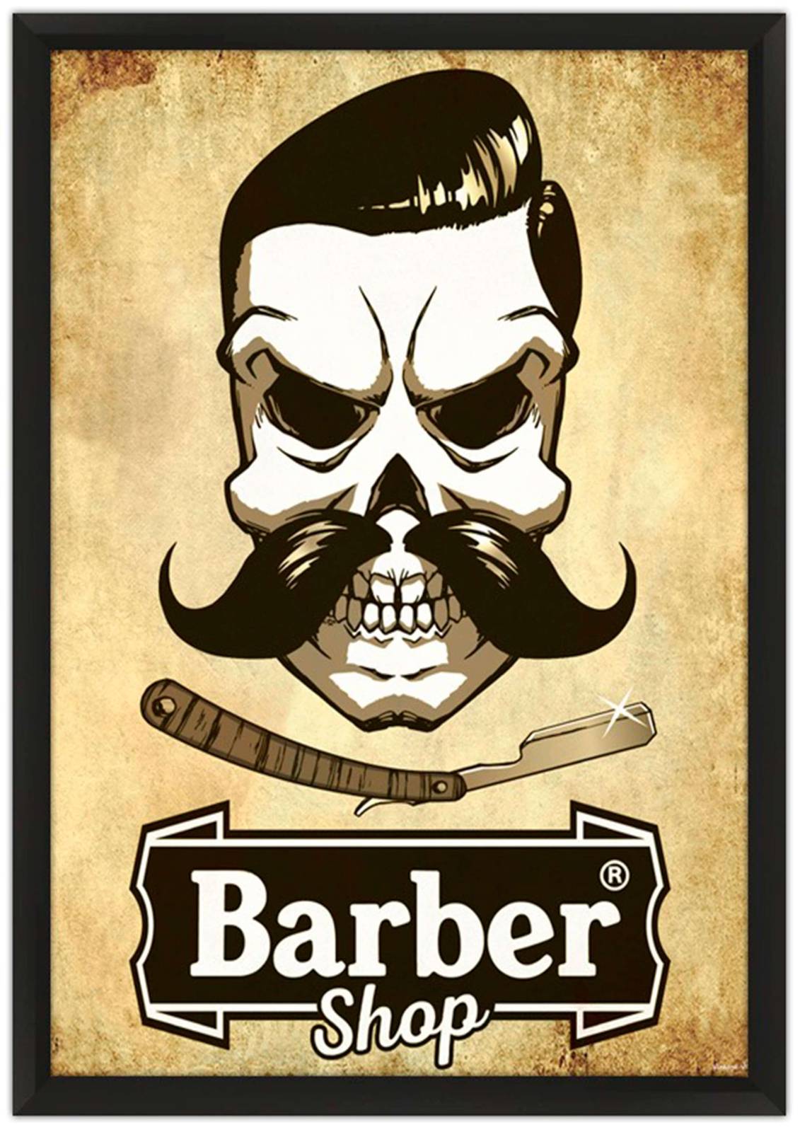Vintage Barber Skull Mustache Straight Razor Wall Art