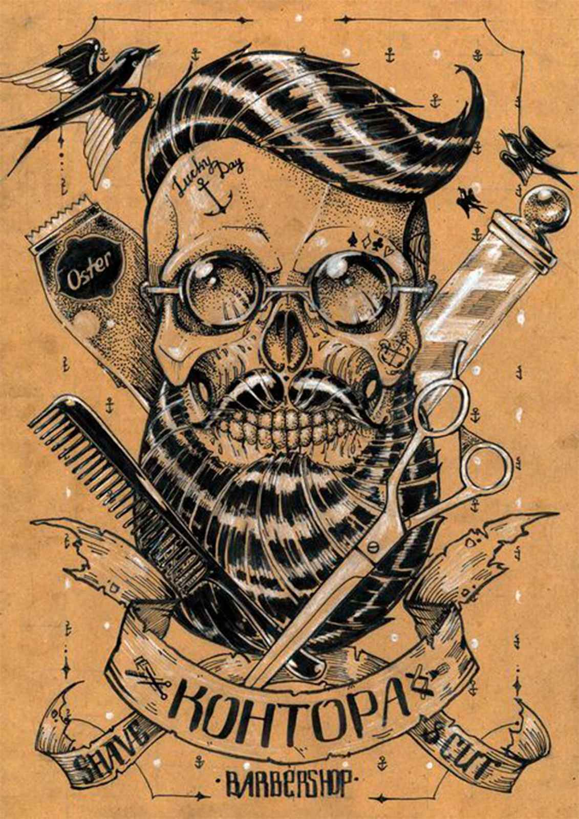 Barber Skull Tattoo Style Wall Art