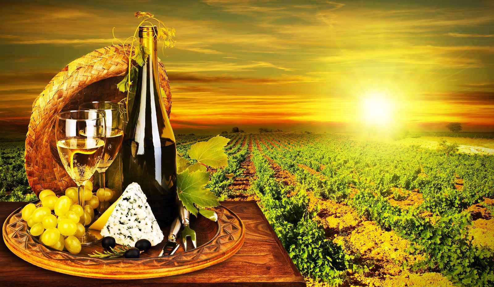 Vineyard Sunset White Wine & Cheese Wall Art