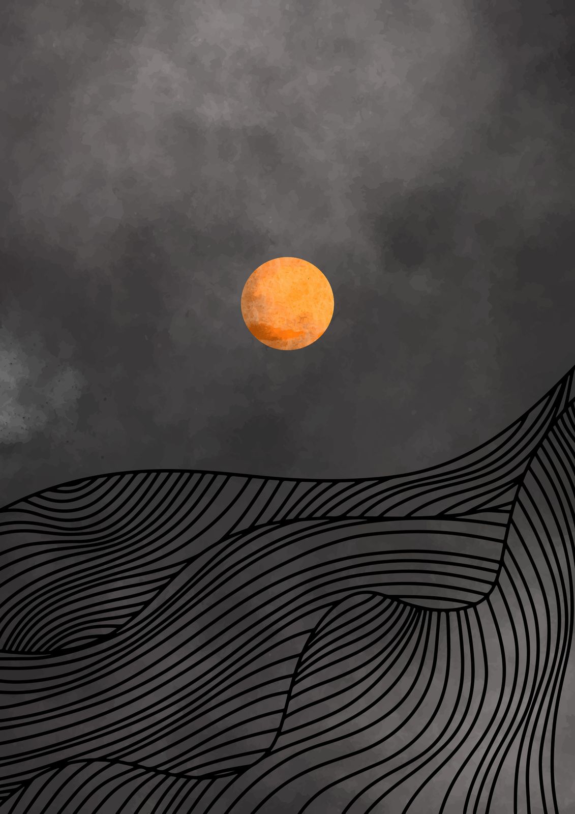 Minimalist Orange Moon Landscape Wall Art