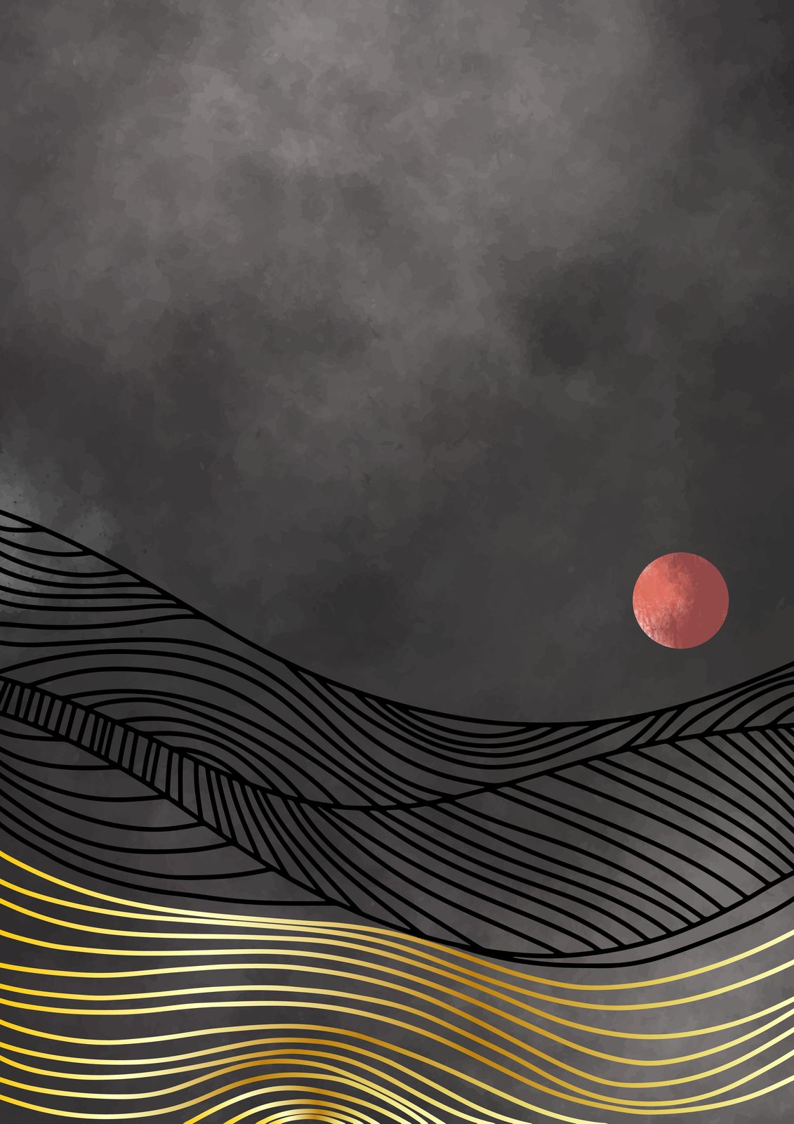 Abstract Sunset Landscape Gold Lines Wall Art