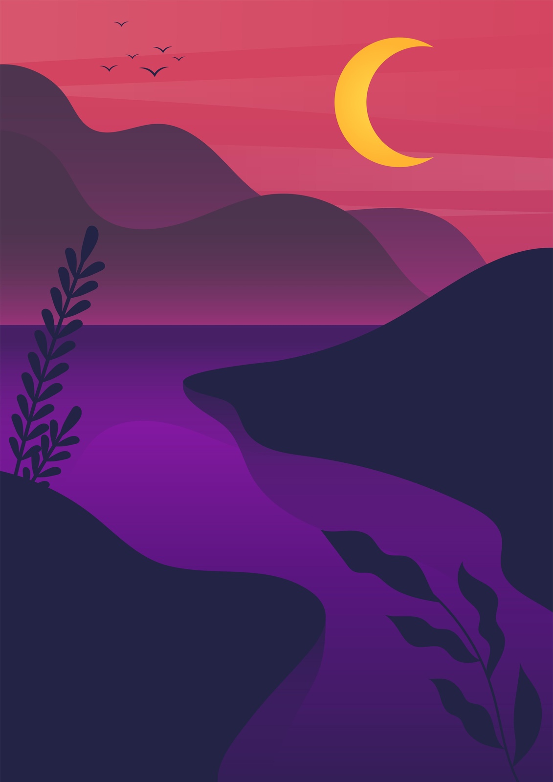 Crimson Sunset Moonscape Serene Wall Art